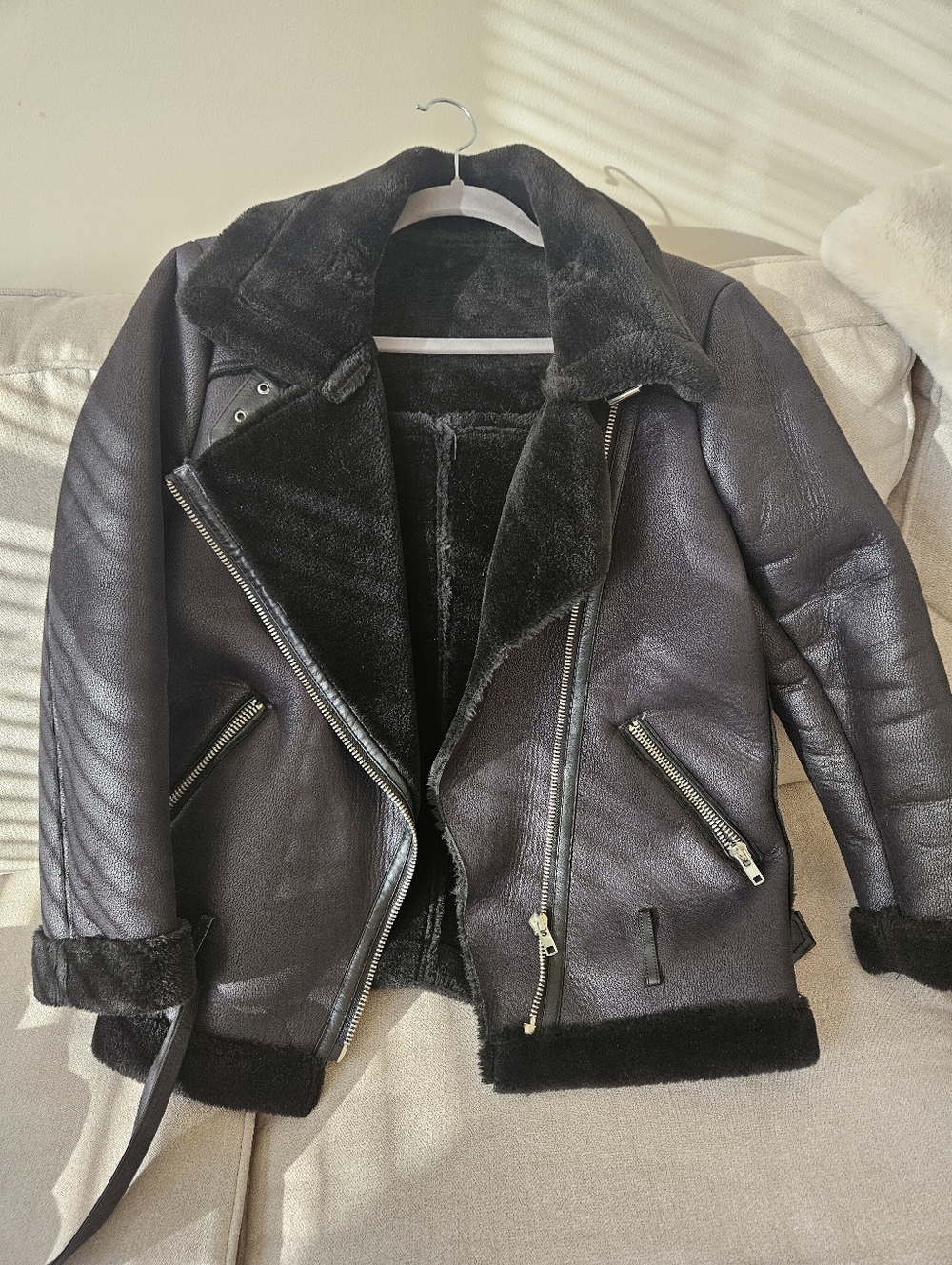 Black Faux Shearling Aviator Jacket - Women